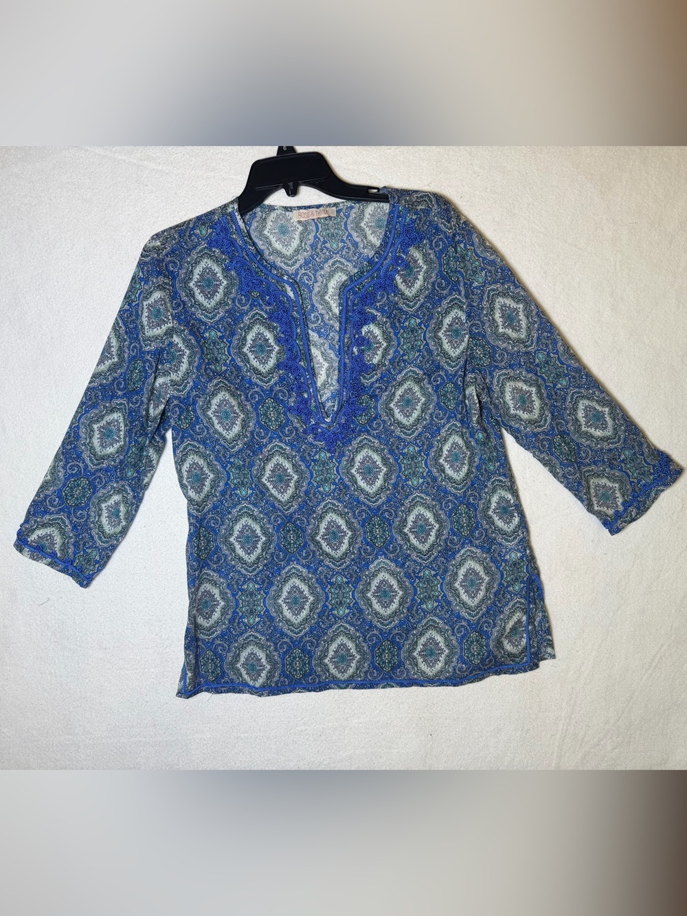 Rose & Thyme Blue Paisley Medallion Boho Split Neck Tunic Top Small S Cotton